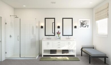 Primary bath with freestanding vanity
