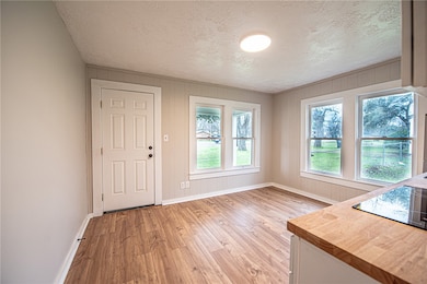 Entryway with baseboards, light wood-style floorin
