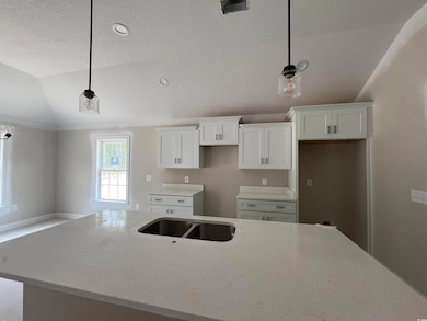 Kitchen with lofted ceiling, white cabinets, a textured ceiling, light stone counters, and a kitchen island with sink