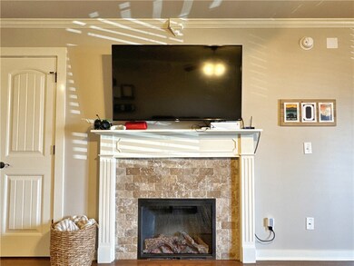 Stone fireplace downstairs.
