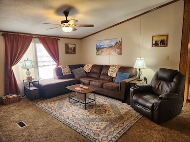 Carpeted living room with crown molding, a ceiling fan, and vaulted ceiling