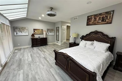 Spacious bedroom with light wood-style flooring, skylights, and abundant natural light.