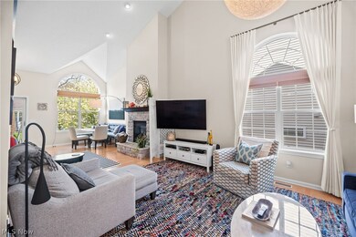 Living room with wood-type flooring, high vaulted ceiling, and a stone fireplace