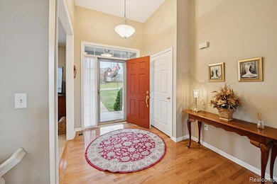 Bright foyer with hardwood flooring, tall ceilings, and abundant natural light.