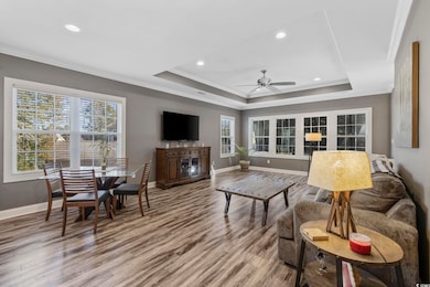 Living room with a tray ceiling, crown molding, plenty of natural light, and hardwood / wood-style flooring