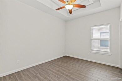 Unfurnished room with a tray ceiling, ceiling fan, and light hardwood / wood-style flooring