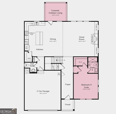 First Floor Plan - Additional highlights include: main floor bedroom with an attached full bath, gas fireplace in great room, a soaking tub with a separate shower in primary bath, an additional bathroom added to bedroom 4, and a covered back patio