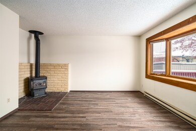 Living room with free standing gas fireplace