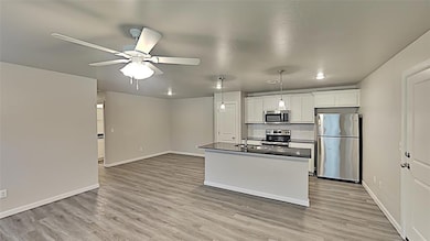 Kitchen with appliances with stainless steel finishes, dark countertops, ceiling fan, light wood-type flooring, and backsplash