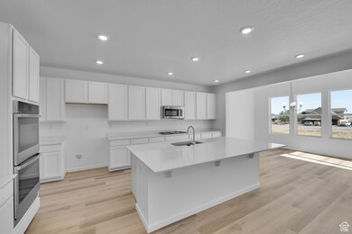 Kitchen with recessed lighting, white cabinetry, light wood finished floors, light countertops, and stainless steel appliances