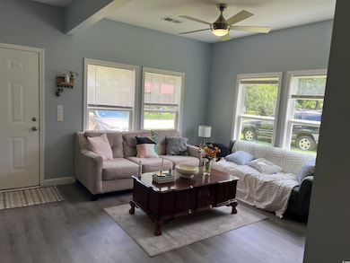 Living area featuring wood finished floors and a ceiling fan