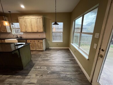 Kitchen featuring tasteful backsplash, dark wood-style flooring, dark stone countertops, green cabinetry, and decorative light fixtures