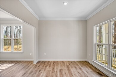 Empty room featuring crown molding, baseboards, vi