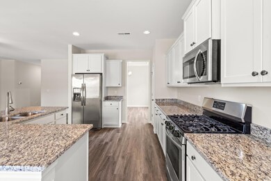 Kitchen featuring stainless steel appliances, a sink, dark wood-style flooring, white cabinetry, and recessed lighting