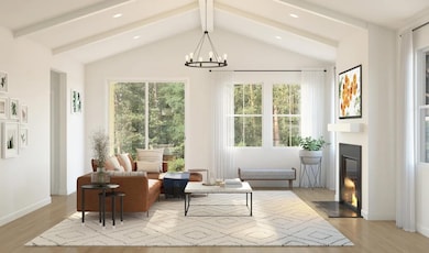 Great room with fireplace and white painted ceiling beams