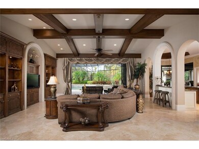 Great room with Pecky Cypress beamed ceiling, 15' 
