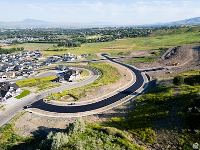 Aerial perspective of suburban area with a mountain backdrop