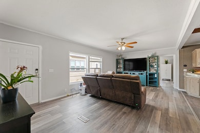 Living room featuring light wood-style floors, a 