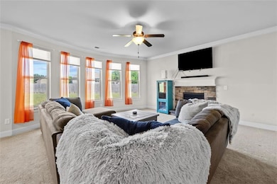 Living area featuring baseboards, a stone fireplac