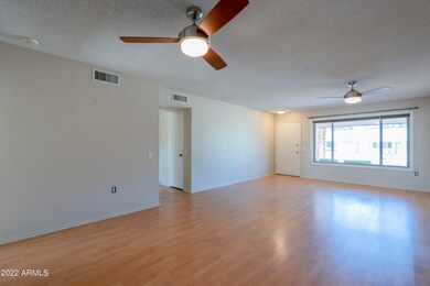 Living room has TWO ceiling fans!