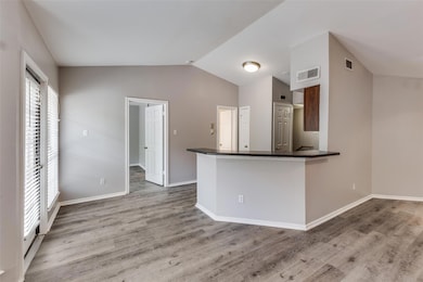 Kitchen featuring vaulted ceiling, wood finished floors, and dark countertops