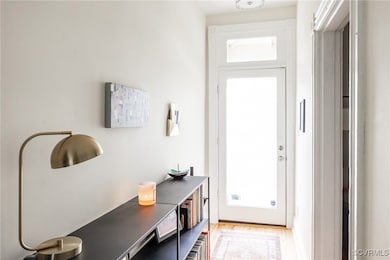 Entrance, lots of light, new door, wood flooring