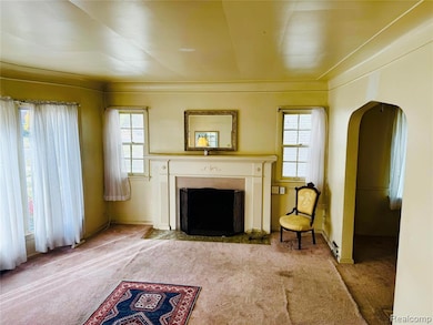 Living room with arched walkways, carpet, and a fireplace with flush hearth