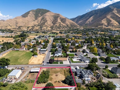 Aerial view of residential area with mountains and property boundaries highlighted