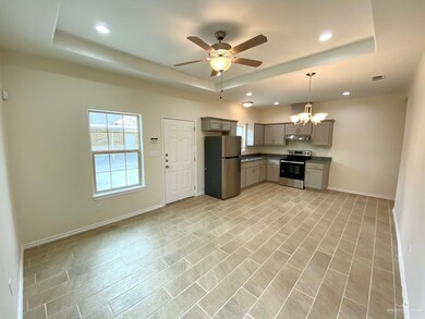 Kitchen featuring stainless steel appliances, a tray ceiling, gray cabinetry, a ceiling fan, and under cabinet range hood