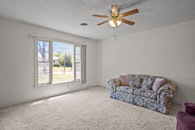 Sitting room featuring a ceiling fan, a textured c