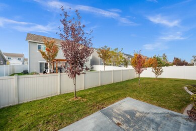 Fenced back yard with trees.