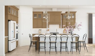 Kitchen with glass upper cabinets and pendant lighting