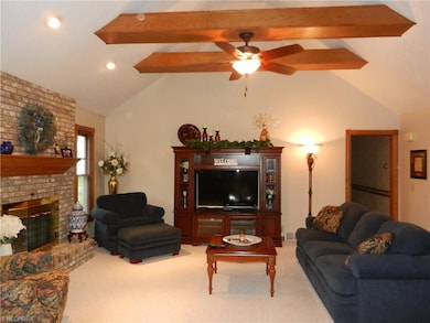 Vaulted and Beamed Family Room.  Wood & Gas Firepl