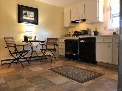 Window over sink looks out to nice level backyard, lined with trees.
