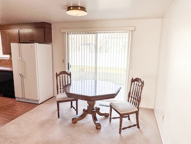 Dining area with light colored carpet