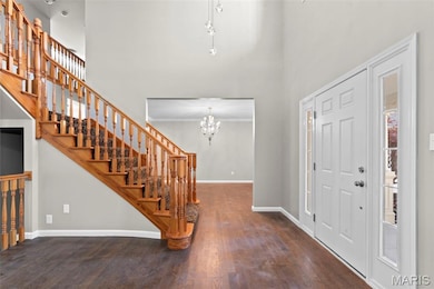 Foyer with a high ceiling, dark wood-style flooring, and a chandelier