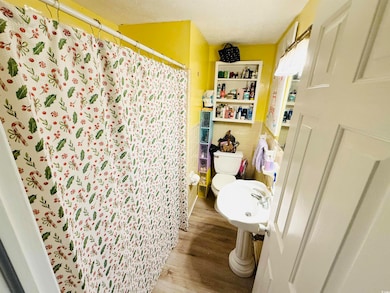 Full bathroom with a shower with shower curtain, t