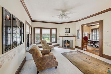 Living room featuring ceiling fan, light carpet, a