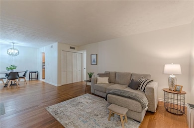 Living area featuring wood finished floors, a chandelier, and a textured ceiling