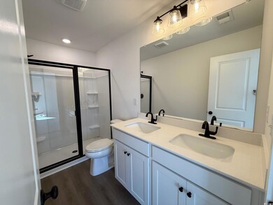 Full bathroom with double vanity, a shower stall, dark wood-style floors, and recessed lighting