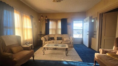 Carpeted living room with a textured ceiling