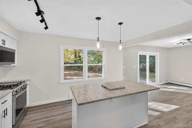 Kitchen featuring rail lighting, appliances with stainless steel finishes, white cabinets, light wood-style flooring, and pendant lighting