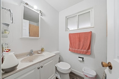 Bathroom featuring vanity and dark wood-style flooring
