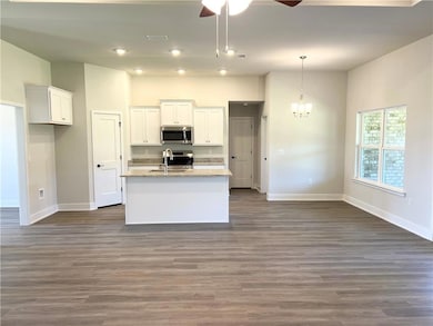 Kitchen with white cabinets, dark wood finished floors, and appliances with stainless steel finishes