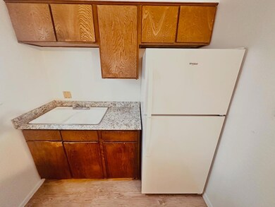 Kitchen with freestanding refrigerator, light cou