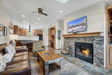 Living room featuring a stone fireplace, recessed