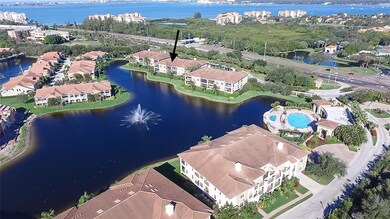 Aerial view; arrow points to building and location