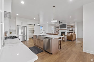 Kitchen with a barn door, appliances with stainless steel finishes, a sink, and recessed lighting