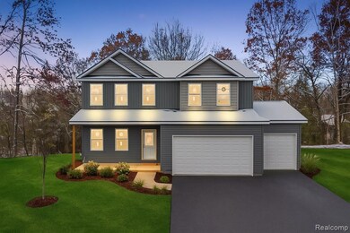 A.I. rendering with landscaping and driveway.