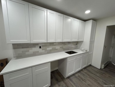 Kitchen with white cabinetry, dark wood-style floors, tasteful backsplash, a baseboard radiator, and recessed lighting
